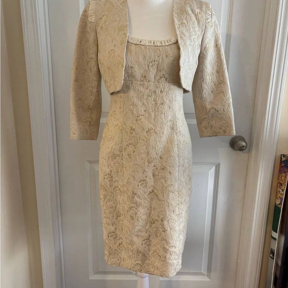 Tahari Cream Jacquard Dress & Bolero Jacket Wedding Guest Mother of Bride Sz 2 - Picture 9 of 16